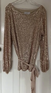 IMPRESIONANTE TOP MANGA LARGA LENTEJUELAS ORO ROSA GINA BACCONI - TALLA GRANDE - NUEVO - Imagen 1 de 4