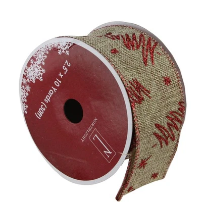Northlight Red Tree Beige Burlap Wired Christmas Craft Ribbon 2.5" x 10 Yards - Image 1 of 3