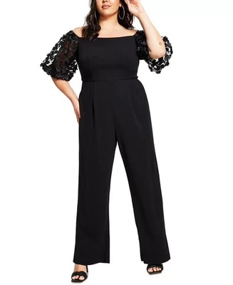 Xscape Plus Size Puffed-Sleeve Off-the-Shoulder Jumpsuit 5110 Size 16W - Image 1 of 4