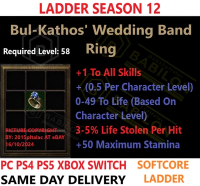 ESCALERA Bul-Kathos BK Anillo Diablo 2 Artículos Resucitados D2R✅PC PS4 PS5 XBOX SWITCH✅ Foto 1 de 2