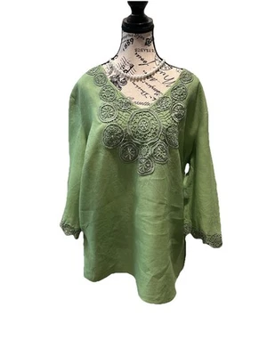 Top túnica Tweeds mujer 100 % lino verde lima cuello en V manga 3/4 1x capas Foto 1 de 4