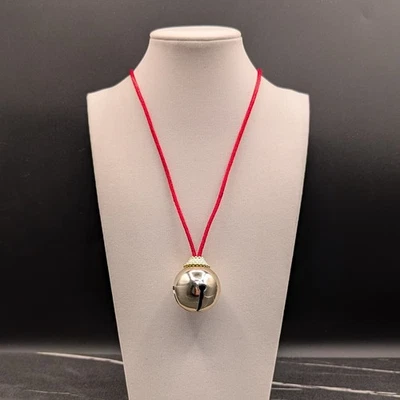 Silver Tone Jingle Bell Pendant Necklace on Red Cord Festive Holiday Statement - Image 1 of 4