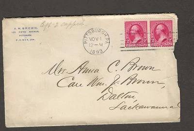 US Scott #220a pair "Cap on left 2" used on cover 1893 Pittsburgh PA Cds, f/vf - Image 1 of 3