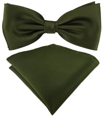 TigerTie Satin Fliege + TigerTie Einstecktuch in olivegrün Uni Einfarbig + Box - Bild 1 von 4