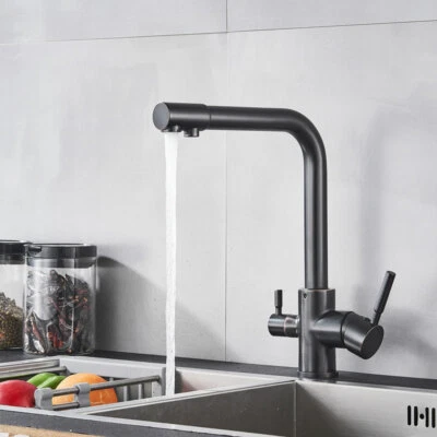 Black 3 Way Double Handle Kitchen Mixer Sink Tap Pure Water Spout Filter Faucet - Image 1 of 4