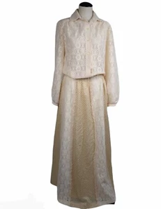 Vintage 1970s Outfit Lace Maxi Skirt Blouse Set Boho Festival Lg ? Crochet Gold - Picture 1 of 10