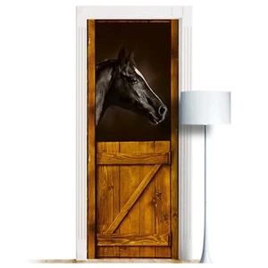 Black Horse In Stall Door Decal, Peel'n'Stick, Sticker, Cover, Mural. Laminated - Picture 1 of 12