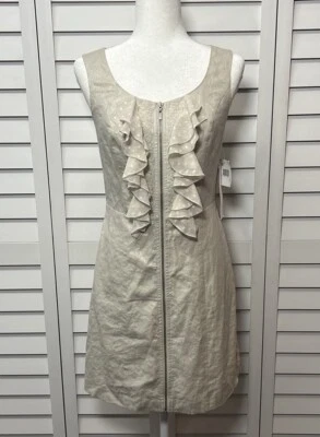 Vestido justo bordado Kensie mistura de linho sem mangas babado renda tamanho P novo com etiquetas - Imagem 1 de 4