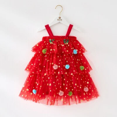 Girls Christmas Dress Star Print Square Neck Sleeveless Layered Tulle Dress - Image 1 of 4