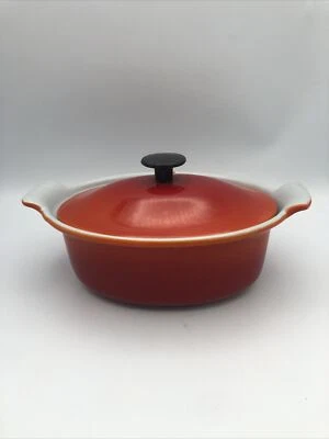 Prizer Ware Enamel Cast Iron Lidded Baker Casserole Flame Orange Vintage 8” OT2 - Image 1 of 4