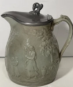 19th C. English Victorian Imperial Ironstone Salt Glaze Pottery Pitcher With Lid - Picture 1 of 17