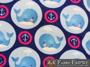 Fleece Printed Fabric WHALE ANCHOR PINK / 58" Wide / Sold by the yard S-635 - Picture 1 of 2
