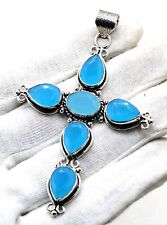 925 Sterling Silver Blue Chalcedony Gemstone Jewelry Cross Pendant Size-3"