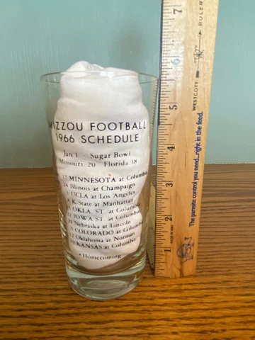1966 Mizzou Tigers Drink Glass Tumbler MFA Oil Missouri Tigers Sched on Glass Cover