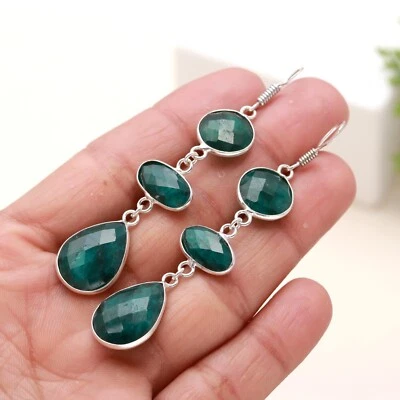 Lab Created Emerald Gemstone Handmade 925 Sterling Silver Jewelry Earring - Image 1 of 4