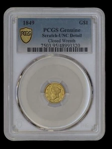 1849 $1 Dollar Gold Liberty PCGS Genuine Scratch UNC Detail Closed Wreath Philly - Picture 1 of 2
