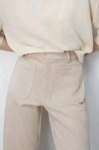 ZARA SOFT THICK OATMEAL CORDUROY WIDE LEG JEANS FRONT POCKETS SIZE M . LIKE NEW - Picture 1 of 12