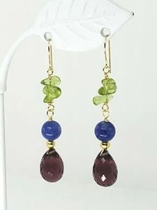 14k Yellow Gold Sim. Amethyst Briolette Genuine Peridot Kyanite Dangle Earrings - Picture 1 of 4