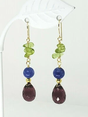 14k Yellow Gold Sim. Amethyst Briolette Genuine Peridot Kyanite Dangle Earrings - Image 1 of 4