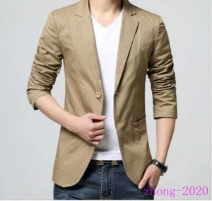 Men Slim Fit Two Button Cotton Long Sleeve Blazers Coats Casual Classic Jackets - Picture 1 of 10