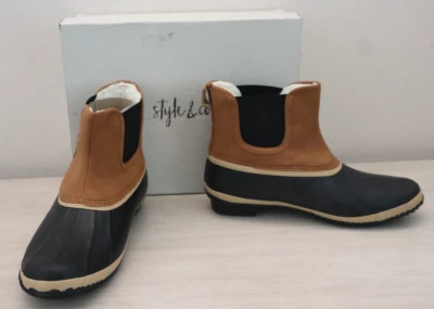Botas femininas Style & Co. 10M castanha marrom Harlii couro ecológico puxar tornozelo pato - Imagem 1 de 4