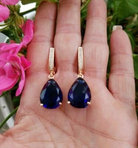 925 Silver Pear Cut Simulated Blue Sapphire Drop Earrings 14k Rose Gold Plated - Picture 1 of 6