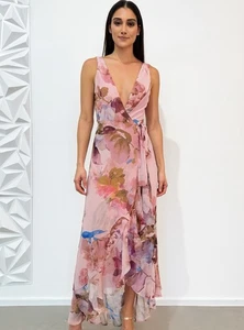 Maxi Vestido WHBM Para Mujer Sin Mangas Cuello en V Volantes Envolvente Talla 8 Rosa Floral Nuevo - Imagen 1 de 11