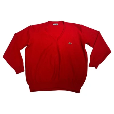 CHEMISE LACOSTE Vintage 70s/80s V Neck Jumper L Red Sweater L Casuals Mod Golf - Image 1 of 4