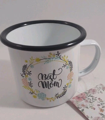 Taza de campamento esmaltada con estampado personalizado borde negro de 17 oz "Best Mom", gran regalo. Caja 15 Foto 1 de 4