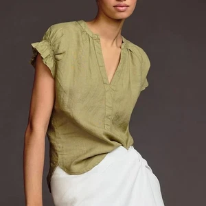 PILCRO The Tatum Leinenbluse Moos Flatterärmel Schlitzausschnitt gewebtes Oberteil Damen S - Bild 1 von 12