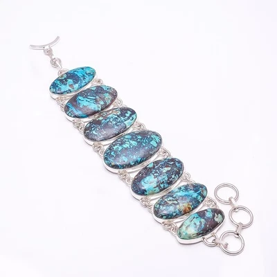 Браслет из стерлингового серебра 925 пробы с натуральным хризоколлой — мадагаскарским драгоценным камнем 7,99 дюйма B4 - Изображение 1 из 4