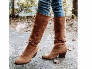 Crown Vintage Devorah Chestnut Slouchy Leather-Suede Heeled Boots Size 7.5 - Picture 1 of 13