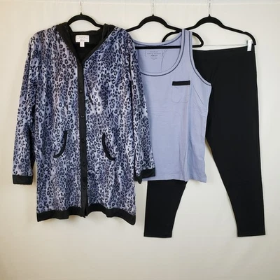 Carole Hochman Pajamas 1X  Fleece Hoodie Knit Tank Leggings Black Blue Animal - Image 1 of 4