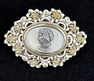 Vintage Elizabeth Reimer Arcansas Rhinestones Cameo Brooch Jewelry - Picture 1 of 4