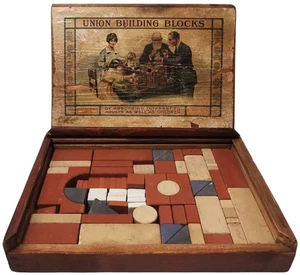 UNION BUILDING BLOCKS, GERMANY EARLY 20TH C ANTIQUE DYED STONE PC BUILDING GAME - Picture 1 of 19