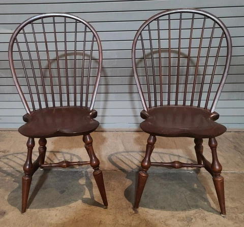 Pair of D.R. Dimes Bow Back Windsor Chairs Bench Made Cover