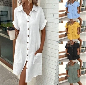 *US Inventory* Summer Short Sleeve Shirt Dress Fashion Solid Color Mid-length Lo - Picture 1 of 12