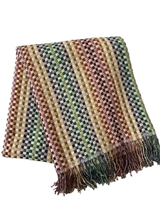 MISSONI BLANKET - WOOL - CHEQUERED WEAVE -GREEN, BROWN, PURPLE MIX-PRE-OWNED !!! - Picture 1 of 7