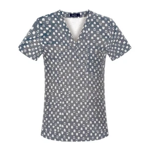 100% Cotton Unisex Scrub Tops Men Women Short Sleeve Digital Printing Medical - Picture 1 of 53