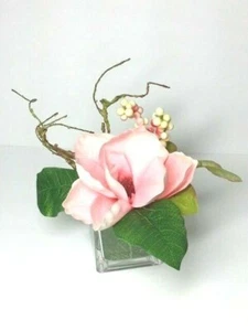 Pink Magnolia Glass Cube Artificial Arrangement 4" x 6" New - Picture 1 of 2