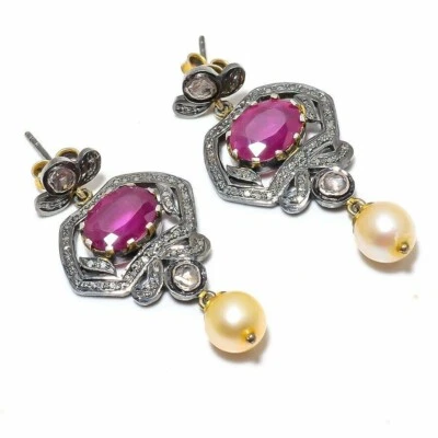 Orecchino Glamouroso In Argento Sterling 925 Con Diamante Polki E Gemma Pave - Immagine 1 di 4