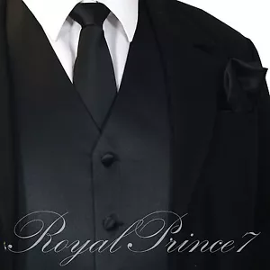Black XS - 6XL Solid Vest Waistcoat and Neck Tie SET Suit or Tuxedo Formal Prom - Picture 1 of 4