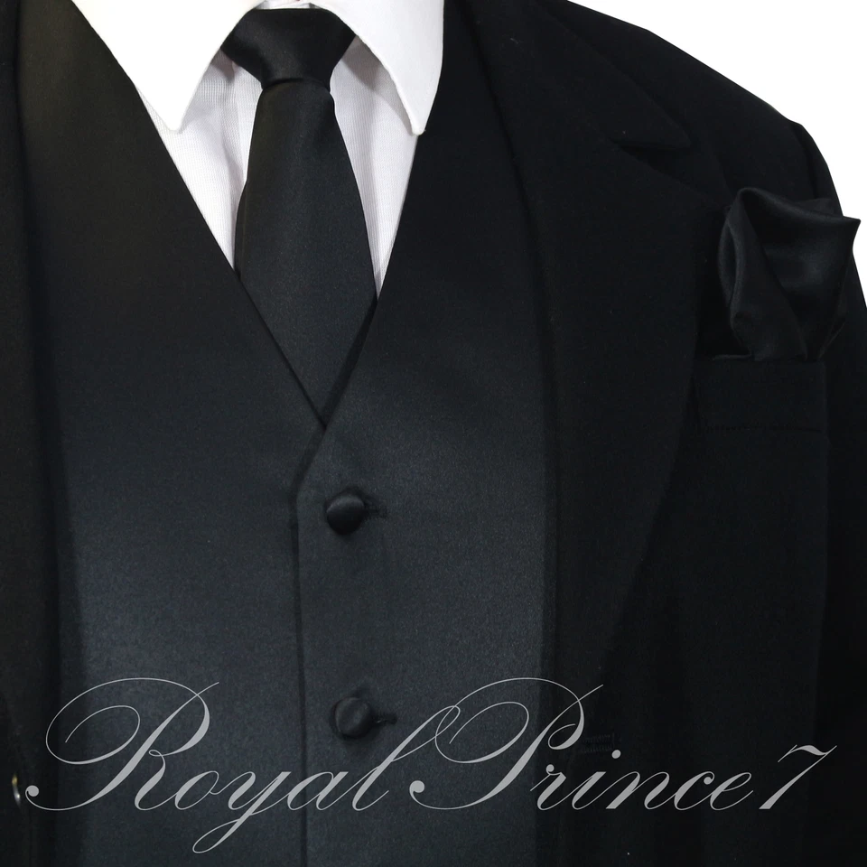 Black XS - 6XL Solid Vest Waistcoat and Neck Tie SET Suit or Tuxedo Formal Prom - Image 1 of 4