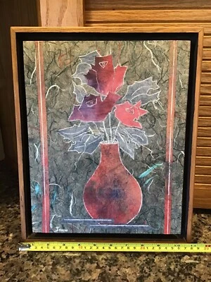 Japanese Handmade Paper Mixed Media Collage Art 3 Roses By JEAN JAMES Shadowbox - Image 1 of 4