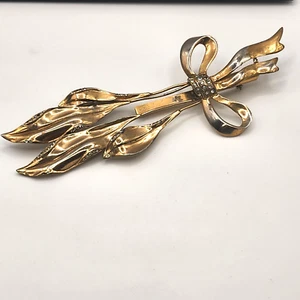 Vintage Gold Tone Floral Leaf Brooch Bow Clear Rhinestones Elegant - Picture 1 of 19