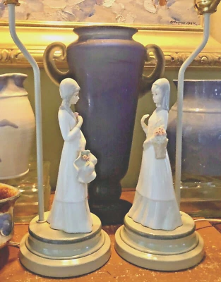 2 FIGURINE LAMPS: LLADRO STYLE; WITH HARP 25" H; FRENCH COUNTRY PASTEL COLORS - Image 1 of 4