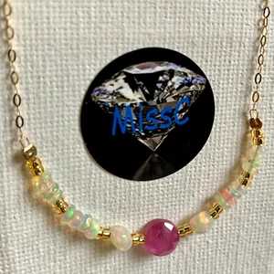 9CT YELLOW GOLD PINK SAPPHIRE AND FIRE OPAL CHAIN NECKLACE, CHAIN STAMPED 375 - Picture 1 of 10