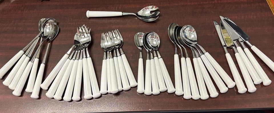 RARE! Vintage NORITAKE Japan White Porcelain Handle 37 Piece 18-8 Silverware Set - Image 1 of 4