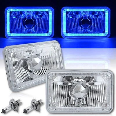 4X6 Blue LED Halo Angel Eye Halogen Headlights Headlamp Bulbs Crystal Clear Pair - Image 1 of 4