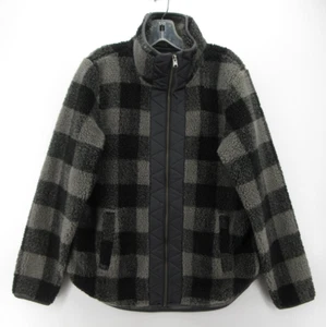Abercrombie & Fitch Jacket Women Medium Gray Plush Fleece Buffalo Plaid Cozy - Picture 1 of 11